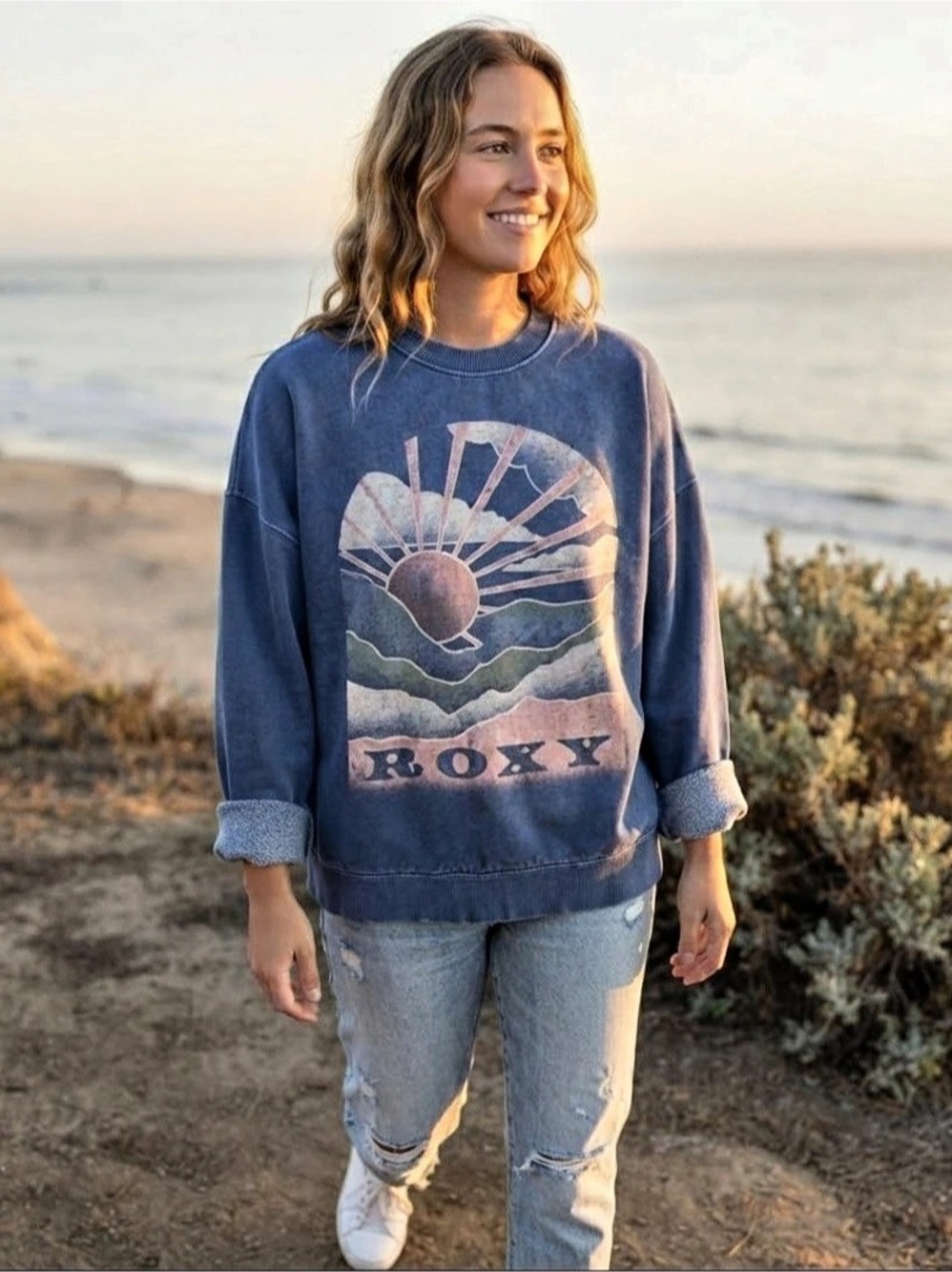 Roxy Sunny Crew Graphic Sweatshirt Blue